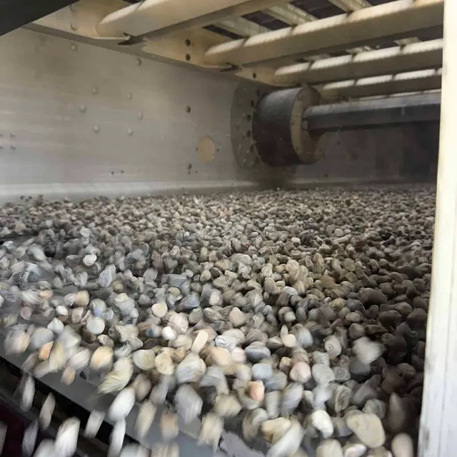 Små steiner eller pukk faller gjennom et sorterings- eller sikteanlegg i et pukkverk.