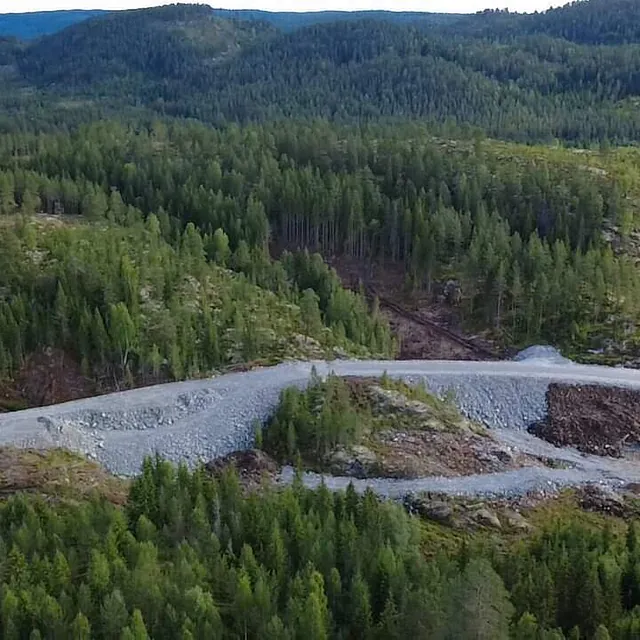 En anlagt vei skjærer gjennom skogen og følger terrenget over en åsrygg.