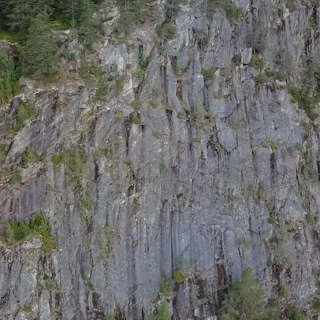 En bratt fjellvegg med trær langs toppen og vegetasjon på sidene.